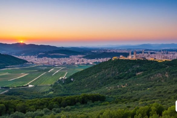 una vista d'una ciutat des d'un turó al capvespre amb vista d'una vall i una ciutat a la llunyania, Arthur B. Carles, vista panoràmica, una pintura mate, regionalisme