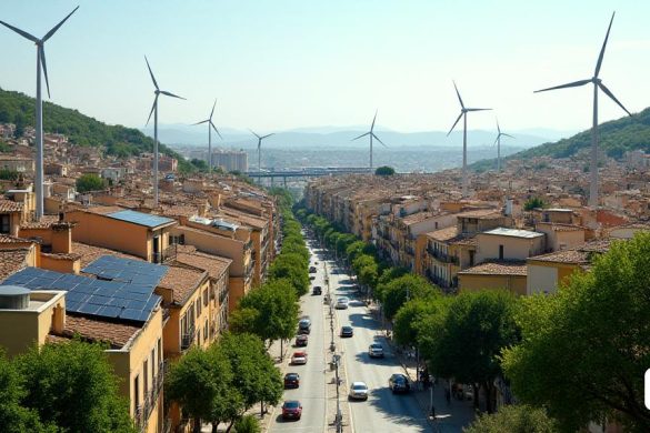 En una bulliciosa ciudad de Cataluña, los tejados adornados con paneles solares brillan bajo el sol. Las turbinas eólicas se yerguen en las colinas cercanas, con sus aspas girando con gracia. Las bicicletas y los vehículos ecológicos llenan las calles, creando un paisaje urbano vibrante y verde. A lo lejos, una moderna red ferroviaria conecta las ciudades, simbolizando el progreso y la sostenibilidad. La ciudad está rodeada de exuberante vegetación y cielos despejados, mostrando una mezcla armoniosa de naturaleza y tecnología en la lucha contra el cambio climático.