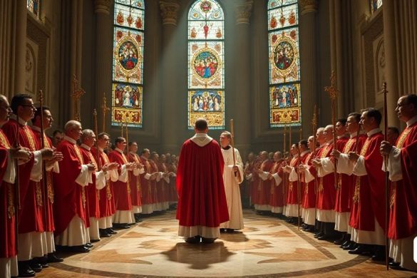 La imagen muestra la ceremonia de ordenación episcopal del obispo Josep-Lluís Serrano Pentinat. El escenario es una gran catedral con intrincados vitrales que proyectan patrones coloridos sobre los pisos de mármol. La ceremonia está llena de dignatarios y miembros del clero, vestidos con túnicas elaboradas y sosteniendo bastones ceremoniales. En el centro, el obispo Josep-Lluís se yergue, ataviado con el atuendo episcopal tradicional, mientras un obispo de Venezuela, monseñor Edgar Peña Parra, dirige la ceremonia. La atmósfera es tensa, lo que refleja las luchas de poder y los conflictos dentro de la jerarquía eclesiástica. La imagen captura un momento de reverencia y tensión subyacente entre las figuras clave presentes.