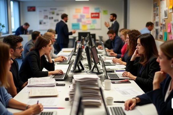 La imagen muestra una sala de prensa llena de actividad con periodistas trabajando en varias noticias. Al fondo, vemos un gran tablón de anuncios lleno de notas adhesivas de colores y fotografías colgadas. Los periodistas están escribiendo en sus computadoras, algunos hablando por teléfono y otros discutiendo ideas para artículos. La sala está llena de pilas de periódicos, tazas de café y utensilios de escritura esparcidos por los escritorios. Un periodista está entrevistando a una mujer con un cartel que dice 'Regidora de Tradicions i Festes, Eva Martín' y otro periodista está hablando con una mujer con un cartel que dice 'Pendonista, Rosa Hernández'. El ambiente es ajetreado pero concentrado, con un sentido de urgencia y dedicación a informar las últimas noticias.