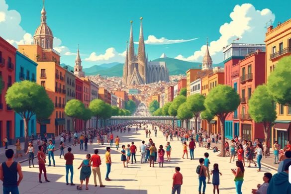 Un paisaje urbano vibrante y animado de Barcelona, ​​que muestra una mezcla de arquitectura moderna e histórica con edificios coloridos que bordean las calles. En primer plano, hay un grupo de personas que participan en actividades culturales como música, danza y arte. La escena incluye artistas callejeros, artistas que pintan murales y lugareños y turistas que interactúan con las exhibiciones culturales. En el fondo, hay lugares emblemáticos de Barcelona, ​​como la Sagrada Familia y el Parque Güell, que se suman al rico tapiz cultural de la ciudad. La atmósfera está llena de creatividad, diversidad y sentido de comunidad, lo que refleja el entorno cultural dinámico e inclusivo que promueve la iniciativa del canal multiplataforma.
