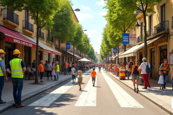 Una animada escena callejera en la calle Guimerà en Manresa, llena de actividad mientras los trabajadores de la construcción, vestidos con brillantes "chalecos amarillos" y cascos de seguridad, comienzan el proyecto transformador para convertir esta importante arteria comercial en una zona "solo para peatones". La calle está llena de "edificios históricos" que muestran "arquitectura catalana", sus fachadas adornadas con "flores de colores" en jardineras. Se puede ver a los "comerciantes" discutiendo los próximos cambios, con expresiones de preocupación y esperanza en sus rostros. Algunos llevan carteles que expresan su desacuerdo con la carga financiera del proyecto, mientras que otros interactúan con los clientes, mostrando "productos locales". Algunos "niños" juegan alegremente en los nuevos "caminos peatonales" marcados, rodeados de "árboles verdes" que dan sombra. El aire está lleno de una mezcla de charlas, ruidos de construcción y los sonidos distantes de los motores de los autobuses, a medida que la ca