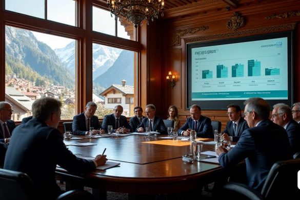 Una animada reunión del ayuntamiento de Ordino, donde los funcionarios del gobierno y los miembros del consejo se reúnen para discutir asuntos financieros. La sala está llena de políticos locales vestidos de manera profesional, algunos tomando notas mientras otros participan en animadas discusiones. Una gran pantalla muestra cifras financieras y gráficos de fondo. El ambiente es serio pero productivo, con una sensación de determinación para administrar las finanzas de la ciudad de manera efectiva. Fuera de las ventanas ornamentadas, se puede ver el pintoresco pueblo de Ordino, con pintorescos edificios y picos nevados en la distancia, lo que agrega una sensación de tranquilidad en medio de la agitada reunión.