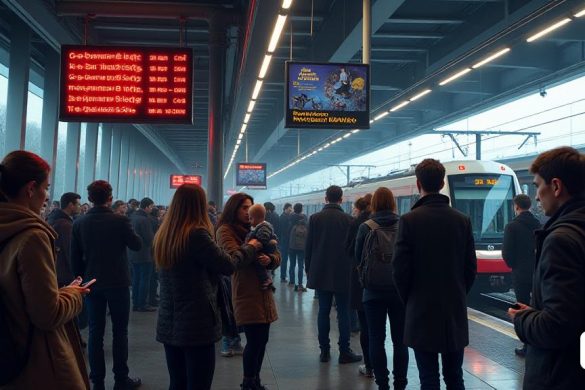Una escena bulliciosa en una estación de tren moderna, donde una multitud diversa de pasajeros frustrados esperan. El ambiente está cargado de tensión; algunas personas miran sus relojes ansiosamente, mientras que otras están pegadas a sus teléfonos, desplazándose por las actualizaciones sobre los retrasos de los trenes. En el fondo, un tablero digital parpadea con información de "Rodalies", mostrando numerosos "retrasos" y "cancelaciones" en letras rojas brillantes. Una madre cansada que sostiene a un niño mira el tablero con expresión resignada, mientras un joven profesional con traje hace gestos animados a un amigo, comentando su frustración. Cerca, un grupo de adolescentes conversa, apoyados en una barandilla, con sus mochilas esparcidas por todas partes, visiblemente molestos por la situación. La arquitectura de la estación presenta elementos elegantes y modernos con grandes ventanales de vidrio que permiten la entrada de luz natural, contrastando marcadamente con las nubes oscuras del exterior, sugirien