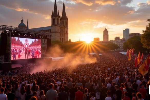 Una escena electrizante en el corazón de Barcelona mientras la ciudad se prepara para las vibrantes 'festes de la Mercè 2024'. El sol comienza a ponerse, arrojando un cálido tono dorado sobre la bulliciosa 'Plaça Sant Jaume', donde una gran 'pantalla' muestra el próximo 'Pregó' encabezado por la reconocida 'il·lustradora Carme Solé'. Las multitudes se reúnen, con sus rostros llenos de anticipación, adornadas con trajes coloridos y 'bufandas' que representan las tradiciones locales. 'Banderines' festivos y 'serpentinas' ondean en la suave brisa, agregando toques de color a la plaza. En el fondo, la 'arquitectura gótica' del 'Ajuntamento' se alza majestuosa, un testimonio de la rica historia de Barcelona. Cuando el reloj marca las 19:00, una emoción palpable llena el aire, mezclándose con los sonidos de la 'música' distante y las risas de varios escenarios cercanos que albergan artistas como 'Lua de Santana' y 'Nicole Torrealba'. Los puestos de comida se alinean en las calles, ofreciendo deliciosas tapas y refr