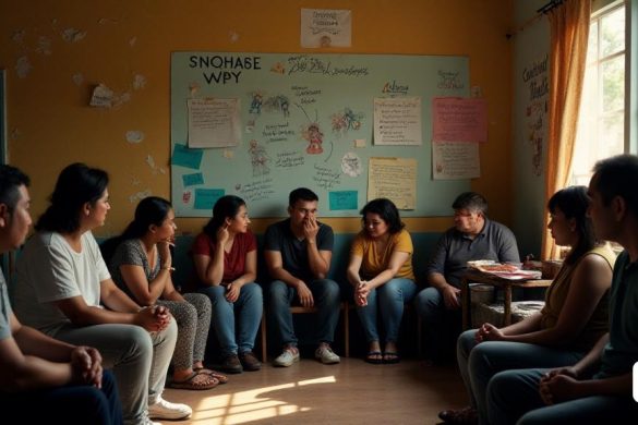 Una escena sombría pero conmovedora que describe el impacto de la pandemia de COVID-19 en la salud mental. En primer plano, un grupo de personas diversas, que representan varias edades, etnias y antecedentes socioeconómicos, se sientan juntas en un centro comunitario con poca luz. Sus rostros reflejan una mezcla de "preocupación", "tristeza" y "resiliencia". Algunas personas están conversando en voz baja, mientras que otras miran pensativamente por una ventana, perdidas en la "reflexión". En el fondo, un gran cartel muestra mensajes de apoyo sobre "salud mental" y "apoyo social", adornado con dibujos coloridos y notas escritas a mano. Las paredes están pintadas en tonos cálidos, pero están estropeadas por la pintura descascarada, lo que simboliza los "desafíos" a los que se enfrenta durante la pandemia. Una pequeña mesa en la esquina contiene folletos sobre los recursos locales de salud mental, enfatizando la "importancia del apoyo". La luz del sol entra a raudales por la ventana, proyectando sombras suaves,