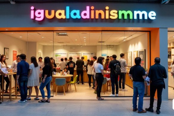 Una escena vibrante en el recién inaugurado centro comunitario 'Igualadinisme' en la ciudad de Igualada. El exterior del edificio presenta una señalización colorida con el nombre 'Igualadinisme' en un lugar destacado. Se ve a gente entrando y saliendo del centro, llevando folletos y paquetes de información. El centro está lleno de actividad, con personas participando en debates, asistiendo a talleres y recibiendo orientación del personal. El interior es moderno y acogedor, con muebles elegantes y un área dedicada a consultas legales y fiscales. Las paredes están adornadas con carteles que promocionan eventos y servicios comunitarios. Al fondo, un grupo de personas se reúne alrededor de una mesa, colaborando en un proyecto. El ambiente rezuma calidez, colaboración y un fuerte sentido de apoyo comunitario.