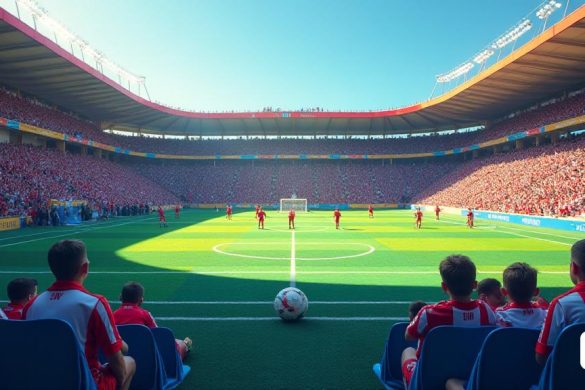Una 'escena' vibrante y dinámica de un 'campo de fútbol' lleno de aficionados animando a sus equipos durante el 'fin de semana' de 'debut' de la temporada 2024-2025 del 'fútbol territorial catalán'. En primer plano, un grupo de espectadores con 'camisetas' de colores brillantes y bufandas, levantando los brazos en un 'gesto' de animación, con sonrisas en sus rostros. Al fondo, se puede ver el 'césped verde' del campo, con las 'porterías' blancas y el 'pabellón' que se eleva. Jugadores de ambos equipos, vestidos con 'equipaciones' distintivas, se preparan para iniciar el partido, con un 'árbitro' en el centro del campo. El 'cielo' es de un 'azul' intenso, con nubes blancas que se desplazan lentamente. En una esquina, un 'grupo' de niños jugando con una pelota de fútbol, ​​enfatizando el espíritu comunitario. El cartel de entrada al campo anuncia con orgullo el 'debut' de la UD San ​​Mauro y su 'entrenador', Jesús Milán, cuyo subtítulo destaca el orgullo del club. Todo el escenario irradia una 'energía' positiv