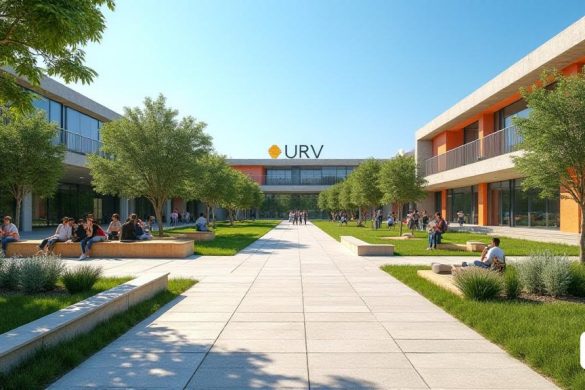 Una escena vibrante y moderna del campus universitario que muestra la "seu de la URV" en el Baix Penedès. En primer plano, un amplio "camino de entrada" de nueva construcción adornado con "jardines paisajísticos" y "vegetación" conduce al complejo universitario. El camino está diseñado para mejorar la "accesibilidad", presentando "rampas" y "terrazas" con prolijos "muros de piedra" que delimitan el área. A la izquierda, un grupo de diversos "estudiantes" charlan animadamente cerca de "asientos al aire libre", disfrutando de la luz del sol. Al fondo, los "edificios" de la universidad, incluida una "aula de simulación" contemporánea equipada con la última tecnología, exhiben grandes ventanales que reflejan el cielo azul claro. La "señalización" de la URV ocupa un lugar destacado, mezclando la arquitectura moderna con el entorno natural. Alrededor del campus hay "árboles" y "bancos", que invitan a los estudiantes a relajarse en los espacios "verdes". Esta imagen encapsula un entorno educativo con visión de futur