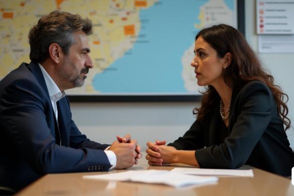 Una imagen detallada de Jaume Collboni y Núria Parlón entablando una conversación seria sobre seguridad pública y prevención del delito en Barcelona. Sus expresiones muestran determinación y concentración mientras discuten estrategias para abordar problemas como los delitos menores, los delitos reincidentes y los problemas relacionados con las drogas. En el fondo, hay imágenes que simbolizan la estrecha colaboración entre las fuerzas de seguridad, como los Mossos d'Esquadra y la Guardia Urbana. El escenario es una sala de reuniones con mapas de Barcelona y estadísticas de delincuencia en las paredes, lo que enfatiza la urgencia e importancia de su conversación.