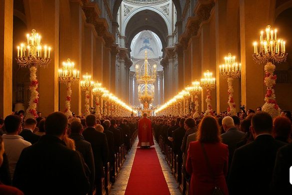 Una vibrante escena en la Catedral de Tarragona durante la celebración de Santa Tecla. El ornamentado interior de la catedral está lleno de fieles, con las cabezas inclinadas en señal de reverencia mientras se lleva a cabo la solemne ceremonia. La reliquia del brazo de Santa Tecla es llevada en una gran procesión, adornada con flores y velas, hacia el altar donde se exhibe de forma destacada. El ambiente está lleno de un sentido de devoción y tradición mientras el obispo de Girona, fray Octavi Vilà, dirige el servicio, acompañado por el arzobispo Joan Planellas. La grandiosidad de la ocasión se ve enfatizada aún más por la presencia de dignatarios, entre ellos el alcalde Rubén Viñuales y el nuevo director general de Asuntos Religiosos de la Generalitat de Cataluña, Ramon Bassas. Fuera de la catedral, la procesión continúa por la Plaza de la Font, donde los espectadores se reúnen para presenciar las exhibiciones y actuaciones, incluidos los castells tradicionales, que añaden un toque festivo a la celebración c