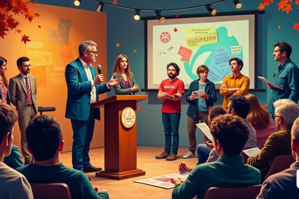 Una vibrante escena que representa la presentación de la programación cultural de 'Cultura Vila-seca'. En primer plano, el alcalde Pere Segura se sitúa con confianza en un podio adornado con el logotipo del 'Ajuntament de Vila-seca', dirigiéndose con pasión a un público ansioso. A su lado, la regidora de Cultura Manuela Moya y el programador Josep Solórzano escuchan atentamente, mostrando un sentido de camaradería. De fondo se muestra una colorida pancarta con el texto 'Cultura Vila-seca' y un collage de imágenes que representan varios eventos culturales: un rollo de película que simboliza el cine, notas musicales para conciertos y máscaras teatrales para teatro. El público es un grupo diverso, que incluye familias, adultos jóvenes y personas mayores, lo que refleja el carácter inclusivo de la programación. Se están distribuyendo folletos de colores brillantes que muestran la variedad de próximos eventos, desde 'sesiones de cine' hasta 'teatro', 'exposiciones' y 'espectáculos familiares'. El ambiente está lle
