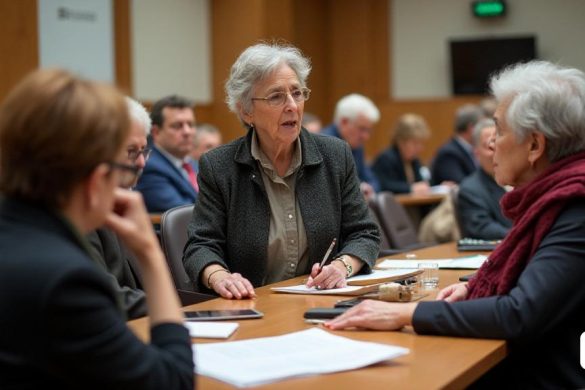 Detalle de la reactivación del Consell Municipal de les Persones Grans en el Ayuntamiento de Lérida. En la escena se presenta la actualización de la normativa de funcionamiento del Consell. En primer plano, la regidora Anna Miranda lidera la presentación, destacando la importancia de la participación activa de las personas mayores en la vida social, cultural y lúdica de Lérida. A su lado, Maria Burgués, miembro de la Fundació Amics de la Gent Gran, destaca la visión positiva del envejecimiento y fomenta la participación activa de las personas mayores en la sociedad. Al fondo, Cristina Saiz, responsable de Acción Participativa del Ayuntamiento, explica la necesidad de actualizar la normativa del Consell. A su alrededor, representantes de diversas entidades e instituciones especializadas que trabajan con personas mayores, participan en debates y trabajos colaborativos para enriquecer las acciones municipales en favor de las personas mayores. El entorno respira un ambiente de inclusión, colaboración y dedicación