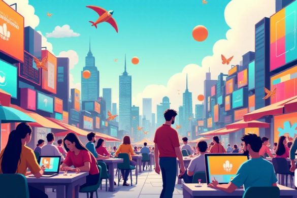Ilustración que muestra un paisaje urbano animado con una escena cultural vibrante. En primer plano se muestra un grupo diverso de creadores y artistas que trabajan en varios proyectos audiovisuales y que utilizan tecnología avanzada como la "inteligencia artificial". En el fondo, hay edificios modernos que simbolizan la innovación y el progreso en el campo de la producción de medios. La escena está llena de energía y creatividad, lo que refleja un enfoque vanguardista hacia la protección de los derechos de propiedad intelectual en medio de un paisaje cultural dinámico.