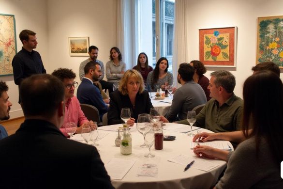 Imagen de la conmemoración del Día Mundial de la Salud Mental en Xàtiva. En la escena se puede ver una mesa redonda en la que los participantes conversan sobre salud mental. Al fondo, se puede ver una exposición de arte titulada 'Dolç trastorn' con pinturas de Josep Almiñana y José Sepúlveda. Se puede ver a los asistentes interactuando con la obra de arte mientras los ponentes del SASEM (Servicio de Atención y Seguimiento a Personas con Problemas Graves de Salud Mental) se dirigen al público. El entorno es vibrante y atractivo, con el objetivo de concienciar sobre la importancia de la salud mental y el bienestar emocional en la comunidad.