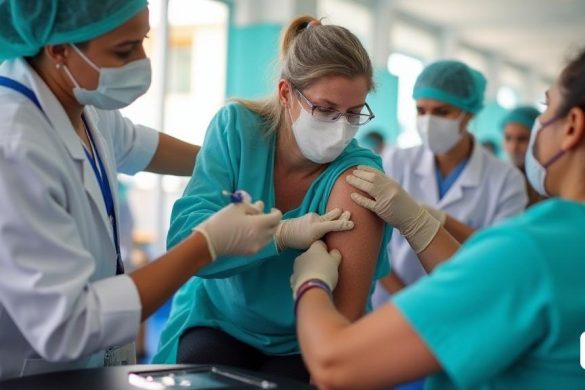 Imagen de una campaña de vacunación en la Región Sanitaria del Penedès, en la que se puede ver a profesionales sanitarios administrando vacunas a personas de entre 60 y 80 años, así como a personas con enfermedades subyacentes, inmunodepresión, trabajadores sanitarios y proveedores de servicios críticos. El entorno incluye puestos de vacunación en centros de atención primaria, con el objetivo de proporcionar protección contra virus respiratorios como la gripe y la COVID-19. La imagen muestra un esfuerzo coordinado para lograr una alta cobertura de vacunación para prevenir complicaciones y mejorar la salud pública en la región.