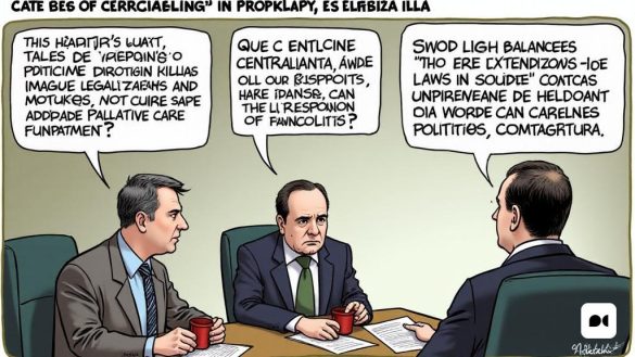 La imagen muestra un escenario político en Cataluña, donde se cuestiona la búsqueda de centralidad de Salvador Illa. La escena muestra a Illa tratando de proyectar una imagen de moderación y equilibrio, pero enfrentándose a desafíos a su credibilidad. Se destacan contradicciones en sus decisiones políticas, como su participación en leyes de eutanasia y legalización del suicidio asistido sin garantizar una financiación adecuada para los cuidados paliativos. La imagen muestra la falta de coherencia en la postura política de Illa y su apoyo inquebrantable al gobierno de Pedro Sánchez, sin proporcionar los contrapuntos necesarios. También ilustra el impacto de la alta presión fiscal en los ciudadanos catalanes, la disminución de los servicios públicos y el empeoramiento de las condiciones sociales. La imagen enfatiza la desconexión entre el discurso de centralidad de Illa y la realidad de sus acciones políticas, cuestionando en última instancia su capacidad para representar el equilibrio y la responsabilidad que