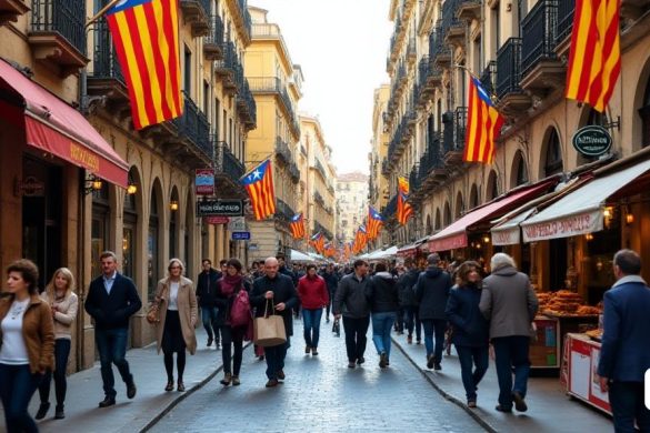 Una calle bulliciosa de una ciudad de Cataluña, con viejos edificios históricos a lo largo de las calles adoquinadas. Personas de diversos orígenes caminan por las aceras, algunas con bolsas y otras conversando. Banderas catalanas adornan los balcones, ondeando suavemente con la brisa. Los vendedores ambulantes venden pasteles tradicionales españoles mientras los músicos callejeros tocan melodías alegres. Una variedad de carteles en catalán cuelgan sobre tiendas, cafés y boutiques, agregando un ambiente colorido y animado al lugar.