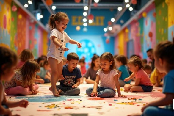 Una escena inmersiva e inclusiva en el Festival Internacional elPetit, que celebra 20 años de promoción de experiencias artísticas para niños pequeños. El recinto del festival está lleno de decoraciones coloridas e instalaciones de arte interactivas. Niños de diversos orígenes y habilidades participan con alegría en diversas actividades artísticas, desde acrobacias hasta creaciones poéticas, bajo la guía de artistas y educadores. Las familias participan en juegos creativos y exploraciones, rodeadas de una atmósfera vibrante de intercambio cultural y aprendizaje. El espacio está cuidadosamente diseñado para ser sensorialmente amigable y acogedor para todos, con un enfoque en nutrir el desarrollo emocional, social y cognitivo de cada niño. La escena captura un momento de alegría compartida, creatividad y conexión entre participantes de todas las edades y habilidades.