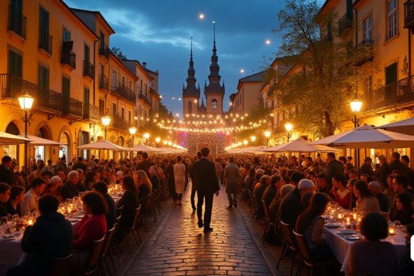 Una escena vibrante y animada en el Barri de la Font Vella durante las fiestas del Pilar. Personas de todas las edades se reúnen en la plaza del pueblo, adornada con adornos coloridos y pancartas tradicionales. Los gigantes desfilan por las calles, acompañados de la música animada de los grallers (tocadores de chirimía). El aroma de la cocina tradicional catalana llena el aire mientras las familias y los amigos cenan al aire libre bajo el cielo del atardecer. Faroles y luces centelleantes iluminan la plaza, arrojando un cálido resplandor sobre la alegre multitud. Los niños disfrutan de una "xocolatada" (fiesta de chocolate caliente) mientras ven una actuación encantadora de una compañía local de "bitxicleta", que incluye trucos de magia, payasadas y canciones animadas. De fondo, se monta un escenario para un concierto de Quim Sanç, donde sus melodías mezclan influencias folclóricas tradicionales valencianas y argentinas. Toda la escena rezuma un sentido de espíritu comunitario y riqueza cultural, capturando l