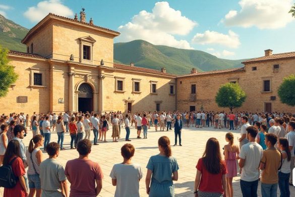 Una imagen detallada de las Jornadas Europeas de Patrimonio en Altafulla. La gente se reunió alrededor del histórico Hospital de Pelegrins, escuchando atentamente a un orador que hablaba sobre 'L'Hospital de Pelegrins d'Altafulla. Propuesta de estudio y rehabilitación'. El antiguo conjunto arquitectónico del hospital y sus alrededores, que muestra el rico patrimonio cultural y la historia. En el fondo, se representan varios símbolos culturales como museos, monumentos y asociaciones, que destacan el esfuerzo colaborativo para preservar y compartir el patrimonio cultural. La escena es vibrante con actividades como visitas guiadas, conciertos y talleres familiares, que crean un ambiente animado y atractivo para los asistentes. En general, la imagen captura la esencia de la celebración y el redescubrimiento del patrimonio cultural en un entorno festivo e inclusivo.