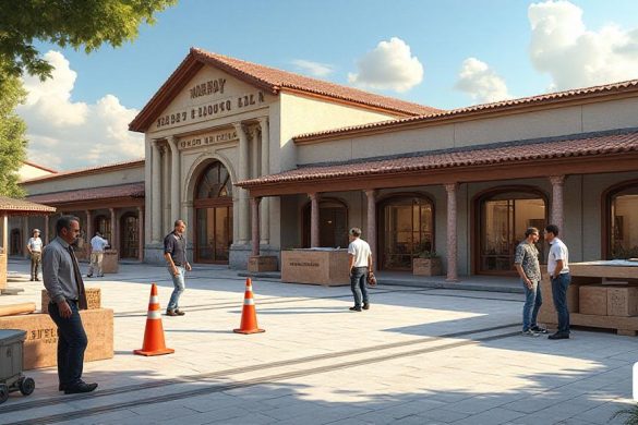 Una imagen detallada del proyecto de renovación del Mercat de la Vila en Cambrils. La escena muestra los preparativos para las obras de renovación, con trabajadores colocando señales de seguridad y barreras alrededor del área del mercado. Hay materiales de construcción y equipos esparcidos por todas partes, mostrando las primeras etapas del proceso de renovación. En el fondo, se muestran planos y dibujos arquitectónicos en mesas, lo que indica la cuidadosa planificación involucrada. La fachada principal del edificio del mercado, que data de 1926, es visible con elementos de restauración y modernización en progreso. La imagen captura la mezcla de arquitectura histórica y diseño contemporáneo, con una visión de un espacio de mercado vibrante y acogedor. Se puede ver a trabajadores, arquitectos y funcionarios locales discutiendo e inspeccionando el área, enfatizando la participación de la comunidad en el proyecto de revitalización.