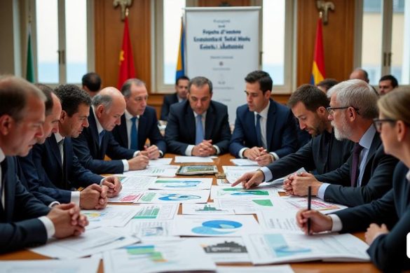 Una sala de reuniones del ayuntamiento repleta de gente, con los alcaldes de Igualada, Vilanova del Camí y Santa Margarida de Montbui, rodeados de montones de papeles y gráficos con estadísticas de gestión de residuos. Los alcaldes están inmersos en una discusión, señalando mapas y gráficos, con expresiones de determinación en sus rostros. La sala está adornada con banderas que representan a cada municipio, y una gran pancarta detrás de ellos reza "Protocolo de intenciones para el Ayuntamiento de Igualada, el Servicio de Recollida de Escombraries". La luz entra a raudales por las altas ventanas, arrojando un cálido resplandor sobre la escena.