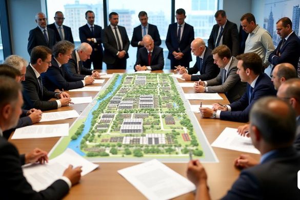 Una vibrante escena en el Ayuntamiento de Lérida, donde se debaten y aprueban diversos proyectos para la ciudad. Personas de diferentes orígenes y profesiones se reúnen en una moderna sala del ayuntamiento. La atención se centra en los detallados mapas y planos de áreas urbanas como el Camp d’Esports y el Joc de la Bola, que muestran los cambios propuestos para el diseño de la ciudad. Hay animados debates en torno a una gran mesa, en la que participan activamente funcionarios de la ciudad y miembros de la comunidad. El ambiente es de colaboración y progreso, con una sensación de entusiasmo por el futuro de la ciudad. Fuera de la sala, hay señales de desarrollo urbano y construcción, que simbolizan el crecimiento y la innovación. En general, la imagen transmite una sensación de unidad y propósito para mejorar la ciudad de Lérida para sus residentes.