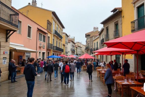 El festival Open House de Sitges, Cataluña, muestra un ambiente animado y animado. La arquitectura que lo rodea refleja una mezcla de edificios históricos y modernos, que exhiben un rico patrimonio cultural. Los voluntarios interactúan activamente con los visitantes, guiándolos por los distintos sitios. Se puede ver a los visitantes explorando lugares únicos como la Biblioteca Santiago Rusiñol, el Mercat Vell y la Fundació Ave Maria. A pesar del mal tiempo del fin de semana, el ambiente es animado y lleno de emoción mientras la gente aprecia y celebra el patrimonio arquitectónico y cultural que se exhibe.