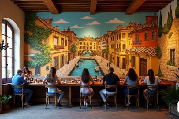 El interiorismo con gente tomando una cerveza en la cervecería de Castellciutat cuenta desde hace unos días con un nuevo mural de grandes dimensiones que sirve para ampliar el recorrido ya existente, denominado ‘CastellciutArt’, para visitar las diversas creaciones artísticas que se han impulsado allí en los últimos años. En esta ocasión, la obra ha sido ideada y ejecutada por el artista urbano burgalés Christian Sasa y pretende ser un homenaje a las tareas tradicionales de las casas del pueblo. Y como novedad, está situada en la parte baja de Castellciutat, concretamente en la carretera del Valir (8k, mejor calidad, obra maestra, muy detallado:1.1)