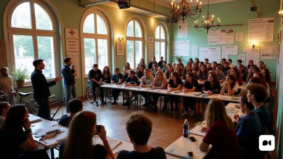 El Palau de Pedralbes de Barcelona, ​​sede de la celebración de los 20 años de Euroregió Pirineus Mediterrània, acoge una vibrante escena. Un grupo diverso de más de 700 jóvenes se reúne para participar en talleres y debates sobre concienciación medioambiental y sostenibilidad. El ambiente está lleno de entusiasmo y de sentido de propósito mientras se debaten temas como la movilidad, la alimentación, el consumo, la naturaleza y la vivienda. Las paredes están adornadas con carteles en catalán, occitano, francés y español, lo que refleja el carácter multilingüe del evento. En una esquina, Xavier Bernard-Sans, secretario general de Euroregió Pirineus Mediterrània, se dirige apasionadamente al público, haciendo hincapié en la importancia de la participación de los jóvenes en la elaboración de las políticas de cohesión europeas. Fuera del recinto, las bicicletas se alinean en las calles, simbolizando el compromiso de los participantes con las prácticas respetuosas con el medio ambiente. En general, la imagen trans
