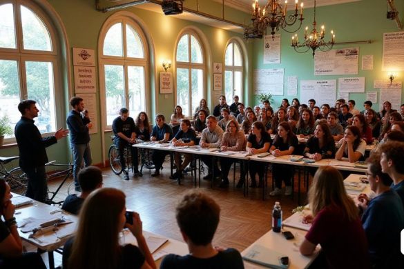 El Palau de Pedralbes de Barcelona, ​​sede de la celebración de los 20 años de Euroregió Pirineus Mediterrània, acoge una vibrante escena. Un grupo diverso de más de 700 jóvenes se reúne para participar en talleres y debates sobre concienciación medioambiental y sostenibilidad. El ambiente está lleno de entusiasmo y de sentido de propósito mientras se debaten temas como la movilidad, la alimentación, el consumo, la naturaleza y la vivienda. Las paredes están adornadas con carteles en catalán, occitano, francés y español, lo que refleja el carácter multilingüe del evento. En una esquina, Xavier Bernard-Sans, secretario general de Euroregió Pirineus Mediterrània, se dirige apasionadamente al público, haciendo hincapié en la importancia de la participación de los jóvenes en la elaboración de las políticas de cohesión europeas. Fuera del recinto, las bicicletas se alinean en las calles, simbolizando el compromiso de los participantes con las prácticas respetuosas con el medio ambiente. En general, la imagen trans