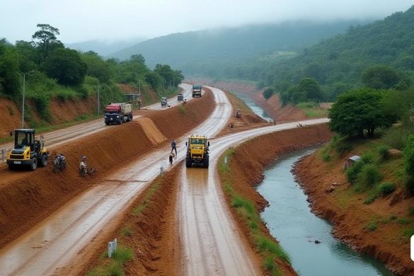 Escena en la que se muestran las obras de reparación urgentes que se llevan a cabo en una red de carreteras de un municipio tras las fuertes lluvias que provocaron daños. Los trabajadores, con maquinaria como una retroexcavadora y un camión 4x4, reparan de forma intensiva carreteras como la carretera de Valls cerca de la carretera de Constantí, la bajada al polígono industrial de Dyna y varios caminos afectados por desprendimientos y acumulación de tierra. El ambiente es de rápida respuesta y trabajo en equipo para restablecer el flujo normal de tráfico y el acceso a las propiedades. La imagen muestra una mezcla de elementos naturales como ríos y colinas junto con estructuras creadas por el hombre como carreteras y maquinaria, lo que captura una sensación de esfuerzo y resiliencia comunitaria.