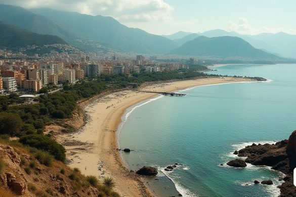 Escena que muestra las consecuencias de un desastre natural en el País Valencià, con zonas inundadas y edificios dañados. El paisaje muestra zonas costeras con montañas cercanas por donde discurren ríos y arroyos secos. Se representan regiones urbanizadas de los años sesenta, setenta y ochenta, que ilustran una mala planificación urbana con desarrollos mal construidos y sin criterios estéticos. El contraste se muestra con Sitges, una ciudad que conservó su encanto protegiendo su costa de grandes construcciones impersonales. La imagen incluye la construcción de sistemas de desviación de agua en Sitges para evitar inundaciones, lo que resalta la importancia de este tipo de infraestructuras. En general, la imagen transmite el impacto del cambio climático, enfatizando la necesidad de tomar las precauciones necesarias y planificar para mitigar los riesgos.