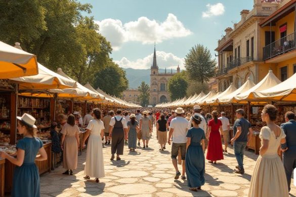 Imagen de un vibrante y animado evento modernista en la ciudad de Pallaresos, con personas de todas las edades vestidas con trajes de época, disfrutando de diversas actividades. La escena incluye tres mercados: 'el modernista', 'el d'antiquaris' y 'el d'entitats', visitantes que participan en visitas guiadas, exploran exposiciones, ven documentales y participan en talleres. De fondo, hay desfiles clásicos, una interpretación de pianola modernista, una representación de un día de lavandería tradicional y voluntarios de la Cruz Roja reclutando como se hacía en 1900. El ambiente está lleno de emoción, riqueza cultural y sentido de comunidad.