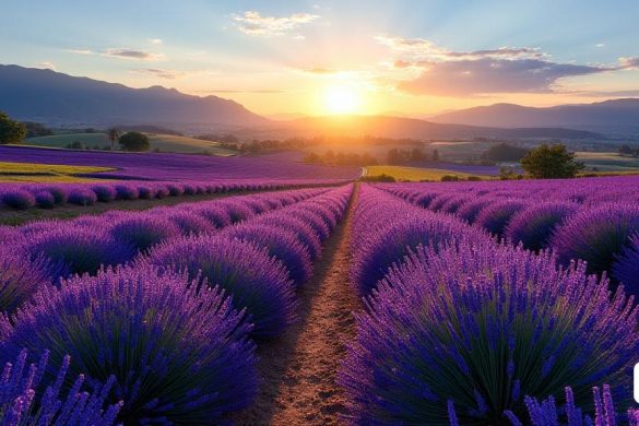 Imagínese una escena impresionante en Pezuela de las Torres, un pintoresco pueblo a menos de una hora de Madrid. Imagínese vastos campos de vibrante "lavanda" que pintan el paisaje con tonos de violeta intenso, creando un contraste sorprendente contra el cielo azul y la exuberante vegetación. Visualice el aire lleno del "aroma" de la lavanda, envolviendo a los visitantes en una experiencia sensorial única. Imagine a fotógrafos y turistas capturando la belleza de los campos de lavanda, disfrutando de la luz dorada del sol poniéndose sobre las flores púrpuras. Imagínese un pueblo tranquilo lleno de historia, rodeado de montañas y campos agrícolas, que ofrece un escape sereno del ajetreo y el bullicio de la ciudad. Esta imagen es una combinación perfecta de belleza natural, tranquilidad y encanto rural.