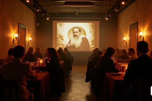 Interiorismo con gente tomando una cerveza en una cervecería Este año la Muestra de Cine Espiritual, organizada por la Dirección General de Asuntos Religiosos de la Generalitat de Catalunya, celebra su 21ª edición. Del 15 al 30 de noviembre proyectará películas en ciudades como Barcelona, ​​Mataró, Sabadell, Lérida o Salt, y contará con el autor italiano, Ermanno Olmi, en la Filmoteca de Catalunya. La Muestra, que también contará con producciones catalanas, busca tratar diferentes experiencias espirituales a través de prismas culturales variados y presentar re(8k, mejor calidad, obra maestra, muy detallado:1.1)