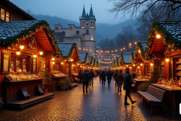 Paisaje exterior parque cervecero con gente en El pueblo catalán con uno de los mercados navideños más mágicos: parece sacado de una película En este encantador pueblo, la Navidad se vive con escudella, carne d'olla y un mercado lleno de tradición En un rincón del Garraf, hay un pequeño pero encantador pueblo que se viste de gala durante la Navidad. Está aproximadamente a 50 kilómetros al suroeste de Barcelona. Este lugar se convierte en un destino especial para aquellos que buscan disfrutar de la magia de las fiestas. Cuando llegas allí, es imposible no sentirse capturado(8k, mejor calidad, obra maestra, muy detallado:1.1)