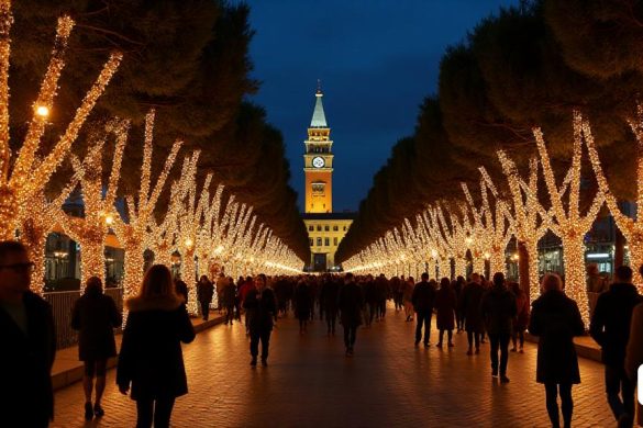 Paisaje exterior parque cervecero con gente en Nueva polémica en la decoración navideña de Barcelona: luces multiculturales Este año, la iluminación del Raval huye de los motivos religiosos y apuesta por un diseño inclusivo De un tiempo a esta parte, las celebraciones tradicionales están cambiando en Cataluña debido a la obsesión del bonismo por el multiculturalismo. Las pasadas Navidades fueron especialmente polémicas. El año pasado el Gobierno de la Generalitat, en manos de ERC, evitó felicitar la Navidad a los catalanes y optó por utilizar una terminología más neutra(8k, máxima calidad, obra maestra, muy detallado:1.1)