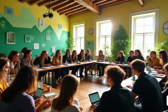 Un ambiente vibrante y dinámico en el Palau de Pedralbes de Barcelona, ​​donde se presentan las conclusiones del proyecto Y4GreenERF. Se reúnen jóvenes de la Eurorregión, que participan en debates sobre concienciación medioambiental y prácticas sostenibles. El ambiente está cargado de entusiasmo y determinación mientras comparten ideas para un futuro más verde. El telón de fondo incluye representaciones de la Unión Europea y elementos que simbolizan la cohesión, la sostenibilidad y el empoderamiento de los jóvenes.