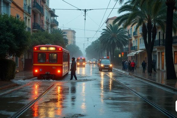 Una escena muestra las consecuencias de una lluvia torrencial en Sitges, con calles y edificios inundados. Se ve a los servicios de emergencia como bomberos, policía y equipos de limpieza trabajando para restablecer la normalidad. Los edificios escolares como Esteve Barrachina y Agnès de Sitges están cerrados, rodeados por ríos desbordados. Un servicio de tren entre Barcelona y Sant Vicenç de Calders está suspendido temporalmente debido a las fuertes lluvias en el Baix Llobregat. La carretera C-32 cerca del Canal Olímpico de Castelldefels está cortada debido a una gran cantidad de agua. El ambiente es tenso con la alarma de Protecció Civil sonando y la gente se enfrenta a problemas de movilidad y seguridad en la zona anegada de Terramar.