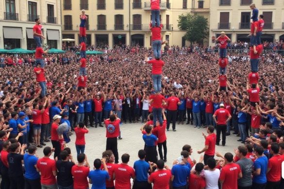 Una escena vibrante y llena de energía en una reunión de castells, que muestra a varias colles preparándose para sus actuaciones finales de la temporada. Se ve a personas con camisetas coloridas, como la "camisa blau marí" (camisa azul marino) y la "camisa grana" (camisa roja), construyendo torres humanas de diferentes alturas y complejidades, como "4de8", "5de9 amb folre" y "9de8". El ambiente está lleno de anticipación y determinación mientras cada grupo se concentra en sus desafíos y objetivos únicos para los próximos eventos. Alrededor de la plaza hay espectadores entusiastas que esperan con ansias las impresionantes exhibiciones de fuerza, trabajo en equipo y tradición. El entorno está lleno de actividad, con los participantes practicando diligentemente para perfeccionar sus formaciones y lograr el éxito en sus actuaciones.