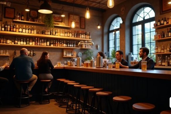 foto de barra de cervecería con gente en Para una persona afiliada a la CASS, de 65 años o más, la ley le permite compatibilizar su pensión de jubilación con un trabajo remunerado, como máximo, hasta cumplir los 72 años, si la empresa que la ha contratado, en el caso de ser asalariada, puede y quiere seguir dándole trabajo, más allá de los 65 años. El contrato de trabajo de los asalariados expira cuando la persona del lado contratado alcanza los 65 años, lo que deja la decisión de p en manos de las empresas contratantes.(8k, mejor calidad, obra maestra, muy detallado:1.1)