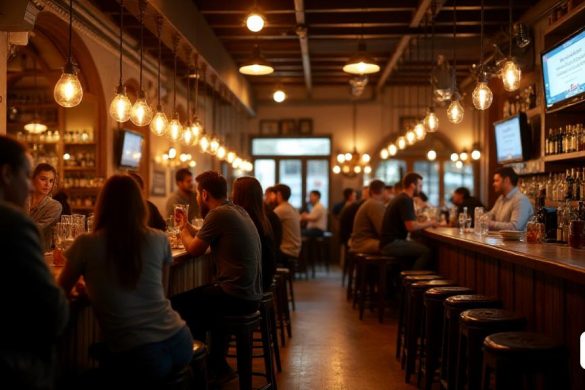 foto de un bar de una cervecería con gente en Este es el diagnóstico que se desprende de los datos presentados en dos recientes informes: el Índice de Competitividad Regional (ICREG) 2024, elaborado por el Colegio de Economistas de España, y un análisis del crecimiento del PIB de las comunidades autónomas. Índice de Competitividad Regional (ICREG) El ICREG evalúa las 17 comunidades autónomas españolas a través de 54 indicadores estructurados en siete ejes competitivos: entorno económico, capital humano, mercado laboral, entorno institucional, infraestructuras b(8k, mejor calidad, obra maestra, muy detallado:1.1)