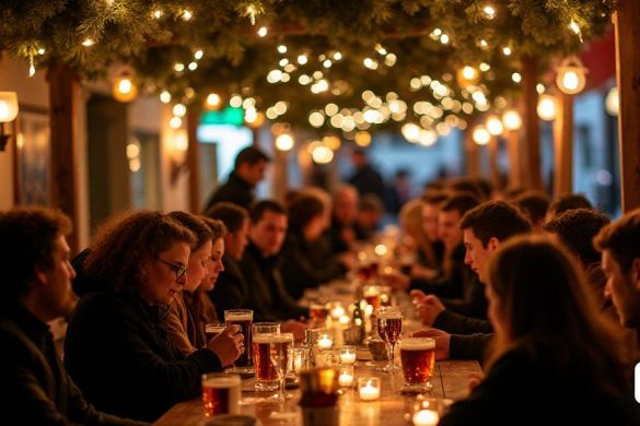 Interiorismo con gente tomando una cerveza en la cervecería Tras el encendido de las luces navideñas, la inauguración del belén y las primeras actividades musicales del fin de semana del 30 de noviembre y el 1 de diciembre, Cambrils aprovecha el Puente de la Inmaculada Concepción para celebrar la fiesta pequeña en el centro de la ciudad y también el segundo bloque festivo de su programación navideña. La actividad más relevante de estos tres días festivos consecutivos es la Feria de Regalos de Navidad que la Unió de Botiguers de Cambrils (UBC) ha organizado con el apoyo de la Aju(8k, mejor calidad, obra maestra, muy detallado:1.1)