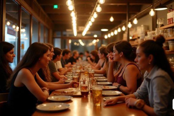 Interiorismo con gente tomando una cerveza de cervecería en La churrería de la que todo el mundo habla está en este barrio de Barcelona: un espectáculo La historia de un local que abrió en los años 50 y que ha conseguido mantenerse vigente gracias a su frescura y variedad Si eres de los que disfruta de un buen churro con chocolate, seguro que has oído hablar de Xurreria Trebol. Este local, en el barrio de Gràcia, ha sido durante décadas el lugar de referencia para saborear churros y porres. Hoy, es un fenómeno, pero no es solo por la calidad de sus productos, sino también(8k, best quality, masterpiece, highly detailed:1.1)