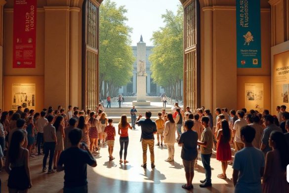 En esta escena cautivadora, vemos una vibrante multitud de visitantes ansiosos reunidos afuera de una majestuosa entrada al museo, adornada con intrincados detalles arquitectónicos y grandes puertas de vidrio que los llaman dentro. Banners anunciando el evento 'Museu Endins 2025' revoloteando suavemente en la brisa, sus colores brillantes a la luz del sol. Dentro del museo, vislumbramos exhibiciones curadas que muestran colecciones y artefactos únicos, con etiquetas tanto en 'catalán' como en inglés ', destacando su importancia histórica. Una guía entusiasta hace un gesto hacia una hermosa escultura de 'Alexander Calder', la 'Font de Mercuri', que se encuentra majestuosamente en un atrio bien iluminado, rodeada de exuberante vegetación. En otra área, un conservador dedicado en una capa de laboratorio blanco trabaja meticulosamente para restaurar una delicada obra de arte, rodeada de una variedad de herramientas y materiales. Los participantes, incluidos varios 'adolescentes' curiosos, toman ansiosamente notas