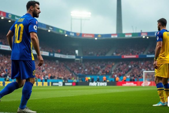 La escena captura un momento tenso en el campo de fútbol durante un partido entre 'Sitges' y 'Santfeliuenc'. En primer plano, un jugador de 'Sitges', identificado como 'Geri', se ve con una expresión determinada, su cuerpo se prepara mientras se prepara para hacer un penal. Lleva una vibrante camiseta azul con el número '10' estampado en la parte posterior, simbolizando su papel como el jugador estrella del equipo. La multitud en el fondo es un borrón de emoción y anticipación, con los fanáticos agitando banderas y pancartas en apoyo de su equipo. El portero local 'Santfeliuenc' está listo, vestido con un kit de color amarillo brillante, sus ojos fijos en Geri, mostrando una sensación de enfoque y determinación. El marcador en el fondo dice '0 - 0', enfatizando las altas apuestas del momento. El tono es verde exuberante, con líneas blancas que marcan el área de penalización, y la atmósfera general está cargada de tensión a medida que los espectadores contienen la respiración, sabiendo que este momento podría