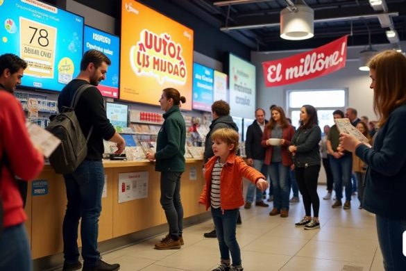 La imagen captura la 'emoción' y la 'anticipación' que rodea el reciente sorteo de la lotería de 'Euromillones', que muestra una ocupada tienda de boletos de lotería en 'España'. La tienda está brillantemente iluminada con carteles 'coloridos' que anuncian la lotería y muestran el enorme premio mayor de '78 millones de euros '. Detrás del mostrador, un titular sonriente interactúa con un grupo diverso de clientes esperanzados, cada uno de los cuales tiene boletos de lotería. Una 'pantalla de televisión' en el fondo muestra los 'números ganadores' con animaciones vibrantes, mientras que un banner con el texto 'El Millón' agrega un toque festivo. En el piso, se ve a un niño con entusiasmo señalando un boleto, simbolizando los sueños y las esperanzas de innumerables jugadores. Un "puro" de Euros se encuentra en el mostrador, insinuando la posible riqueza que espera a los afortunados ganadores. La atmósfera está llena de 'optimismo', 'alegría' y un toque de 'energía nerviosa' mientras todos esperan su oportunidad
