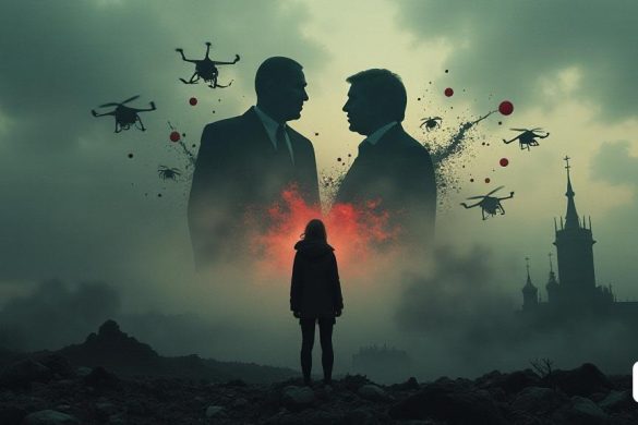 La imagen captura una atmósfera dramática y tensa con representaciones simbólicas del paisaje geopolítico descrito en el puesto. En primer plano, una silueta de una periodista, posiblemente Kristina Berdínskikh, mira hacia un cielo oscuro y tormentoso lleno de drones siniestros y figuras de misiles. Detrás de ella, aparece un mapa de Ucrania, fragmentado, con piezas que caen como escombros, simbolizando la destrucción y la división en el país. El telón de fondo presenta una escena contrastante de dos figuras grandes y inminentes de líderes mundiales: una que representa a los Estados Unidos, con una expresión fría y lejana, y la otra que representa a Rusia, con una postura determinada y resuelta. Entre ellos, se ve, divide y lucha por una leve sombra de Europa para encontrar la unidad. La imagen está empapada en tonos de gris oscuro y rojo de sangre, evocando una sensación de conflicto inminente. El horizonte está borroso, simbolizando la incertidumbre sobre el futuro. En el mapa se encuentran marcas que indic